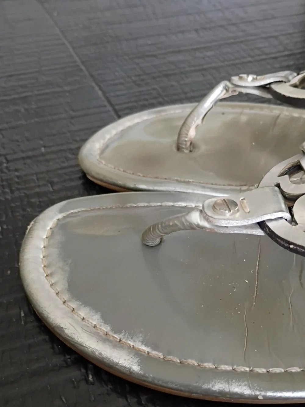 Tory Burch Miller Silver Logo Thong Sandals